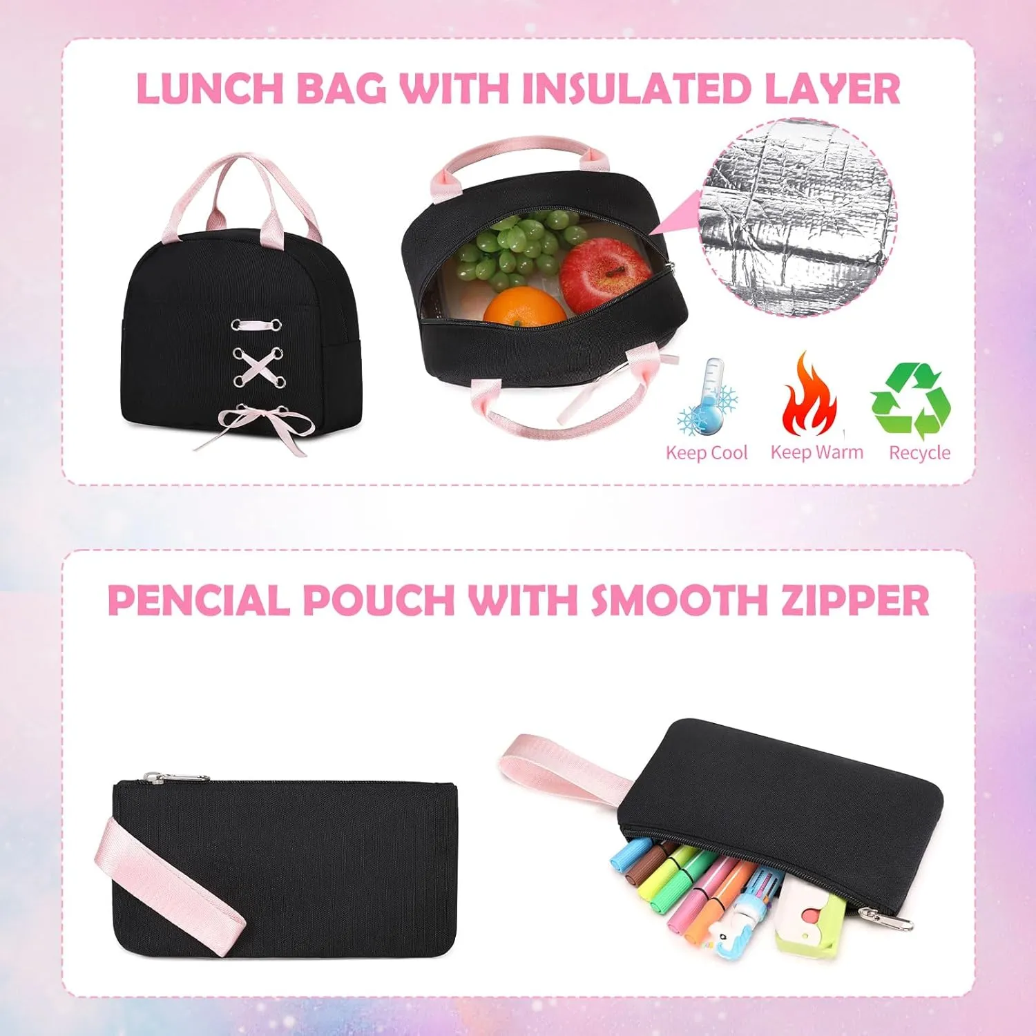 Backpacks for Girls, Girls Backpack with Lunch Box and Pencil Case for Teen Kids Elementary Middle High School College Student, Children Backpack Bookbag with USB Charging Port (Black Pink with Chain)