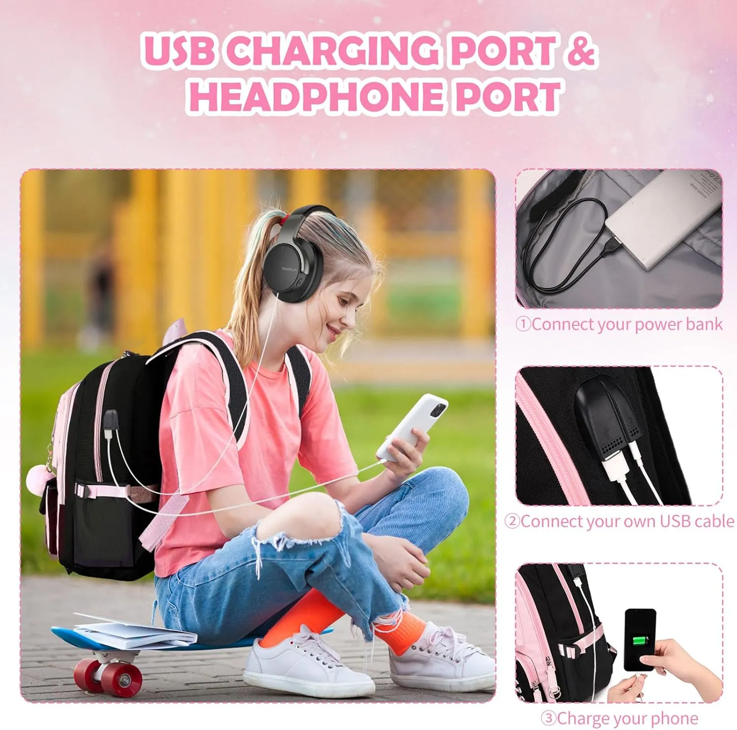 Backpacks for Girls, Girls Backpack with Lunch Box and Pencil Case for Teen Kids Elementary Middle High School College Student, Children Backpack Bookbag with USB Charging Port (Black Pink with Chain)
