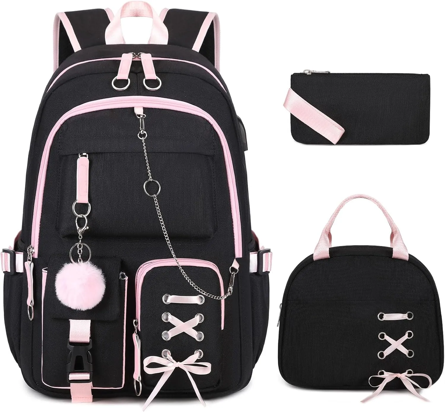 Backpacks for Girls, Girls Backpack with Lunch Box and Pencil Case for Teen Kids Elementary Middle High School College Student, Children Backpack Bookbag with USB Charging Port (Black Pink with Chain)