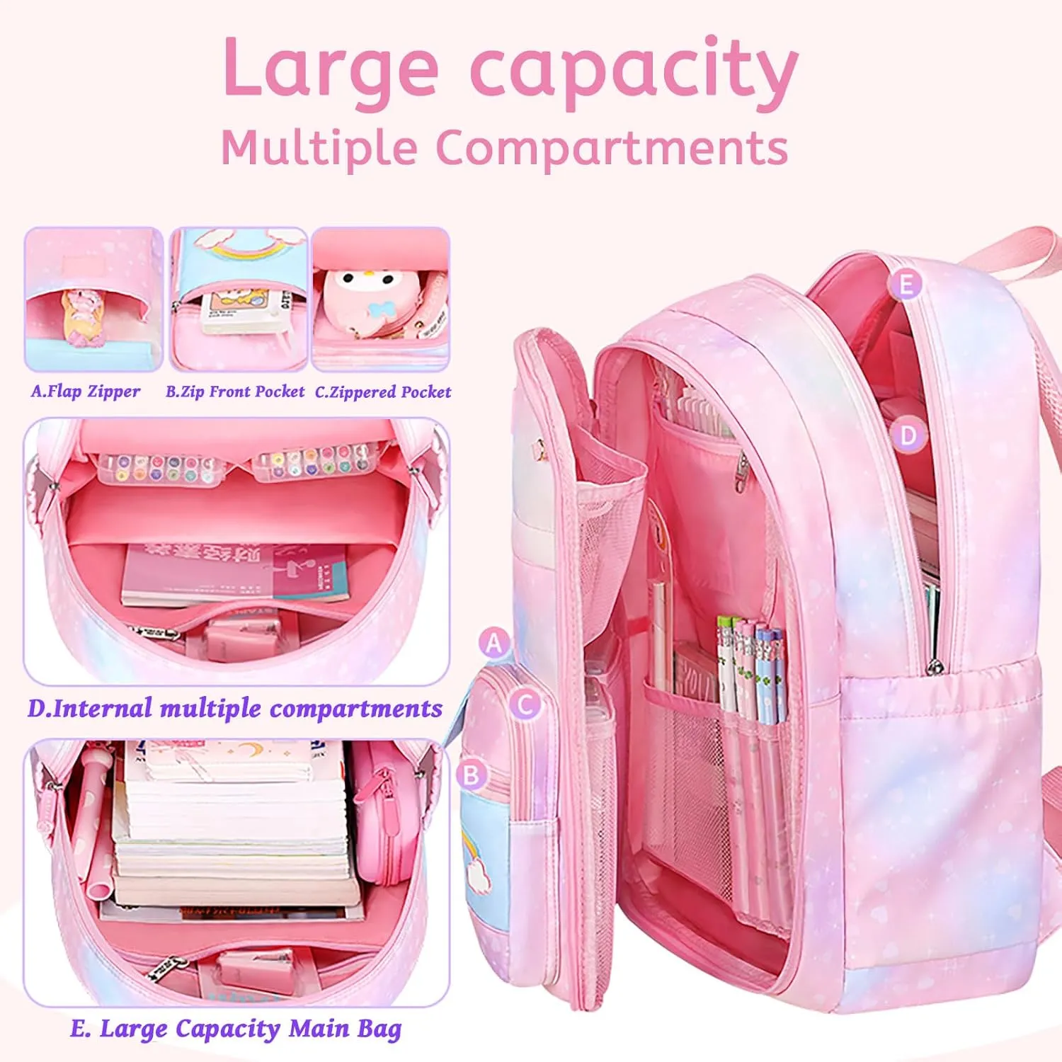 Backpacks for Girls Refrigerator Door Bookbags for Teens Girls Backpack for School Water-Resistant Primary School Daypack Elementary Students(Pink)