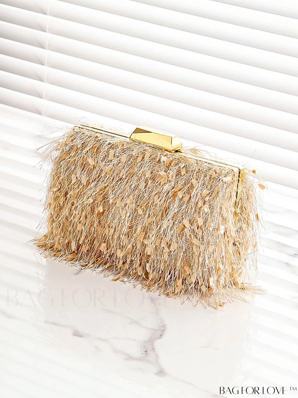 BagForLove - Champagne Mini Box Bag with Fashionable Fuzzy Texture and Chain Strap - Perfect for Parties
