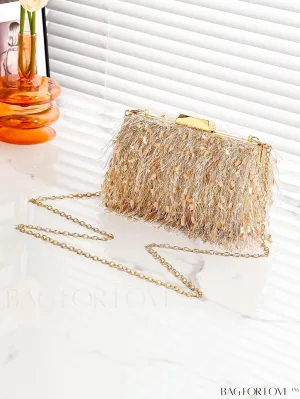 BagForLove - Champagne Mini Box Bag with Fashionable Fuzzy Texture and Chain Strap - Perfect for Parties