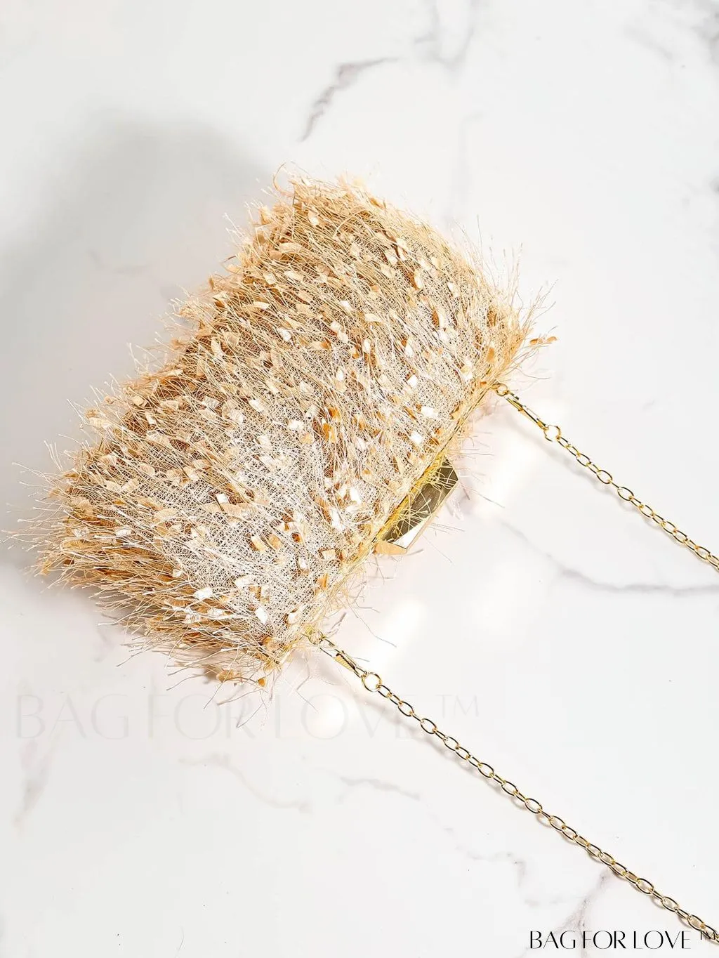 BagForLove - Champagne Mini Box Bag with Fashionable Fuzzy Texture and Chain Strap - Perfect for Parties