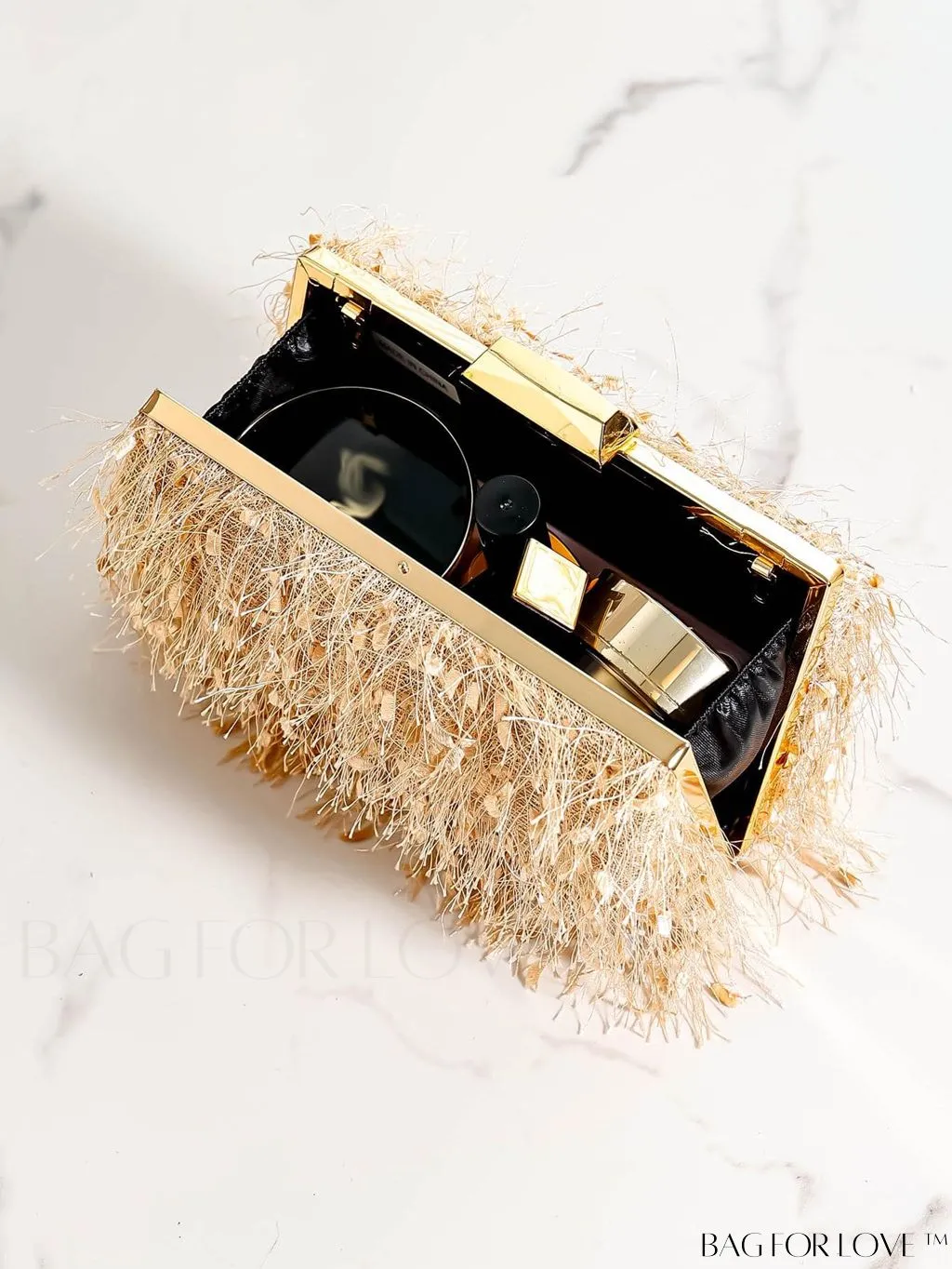 BagForLove - Champagne Mini Box Bag with Fashionable Fuzzy Texture and Chain Strap - Perfect for Parties