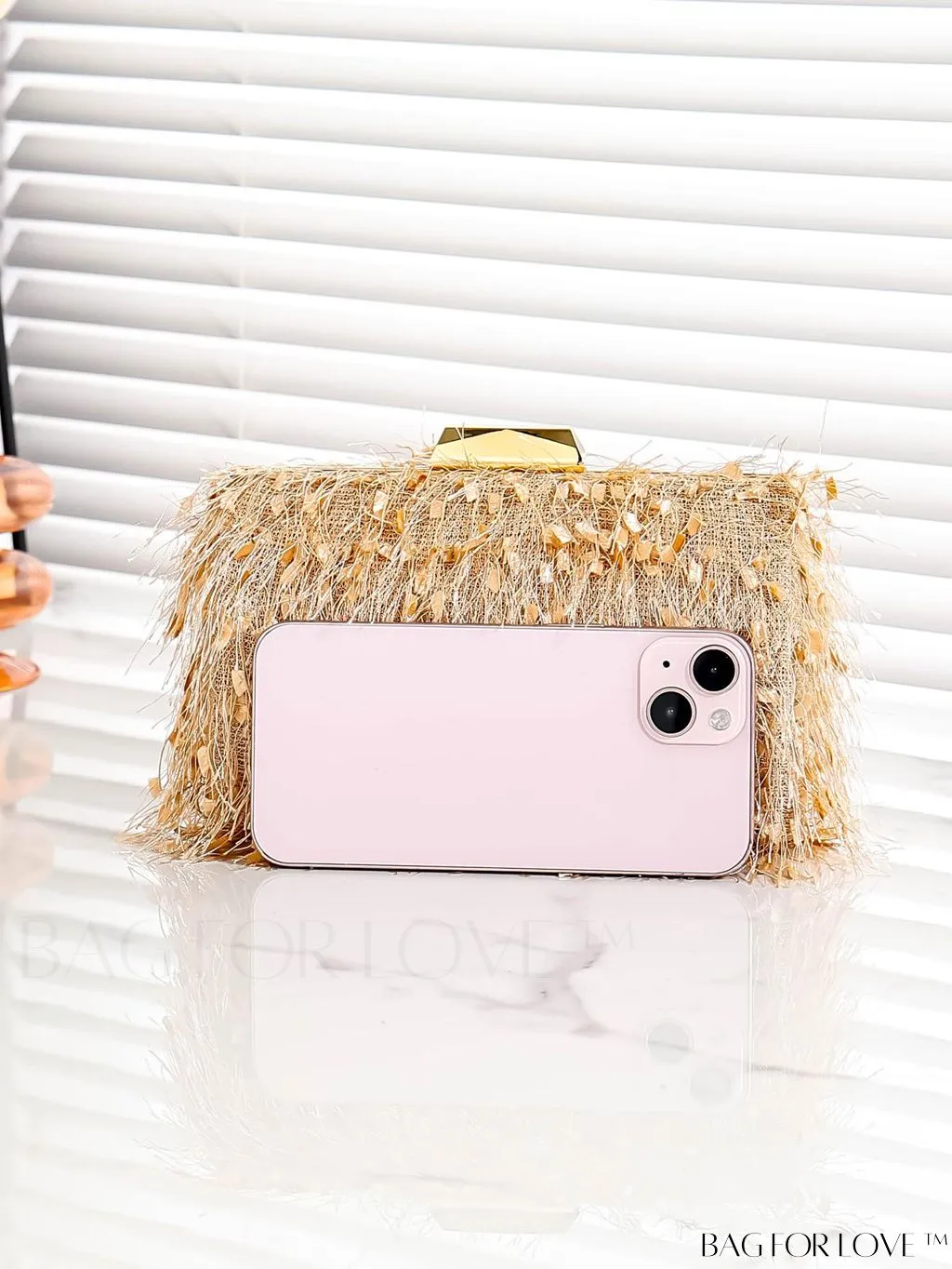 BagForLove - Champagne Mini Box Bag with Fashionable Fuzzy Texture and Chain Strap - Perfect for Parties