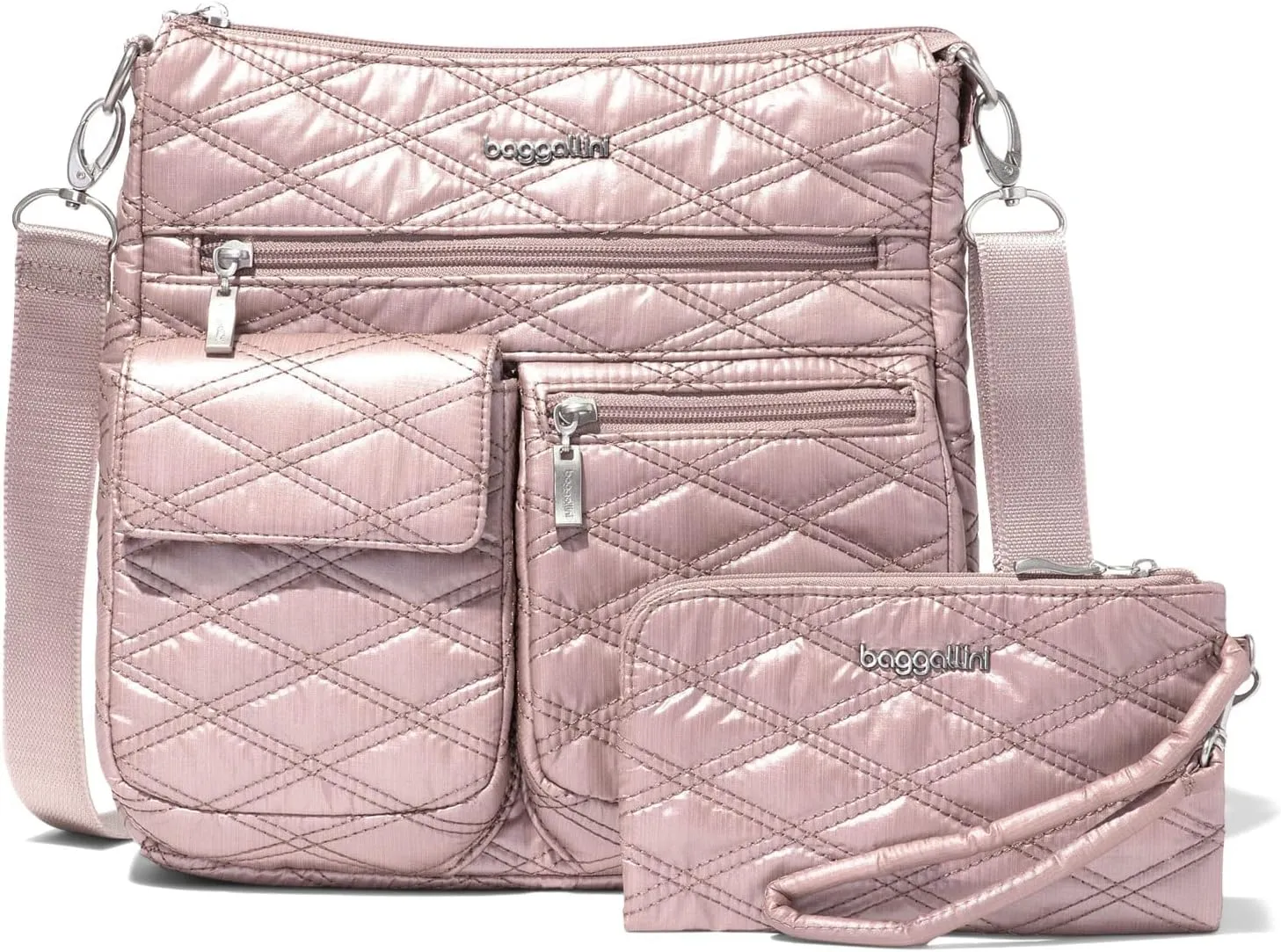 Baggallini Womens Modern Everywhere Slim Crossbody, Rose Metallic Quilt