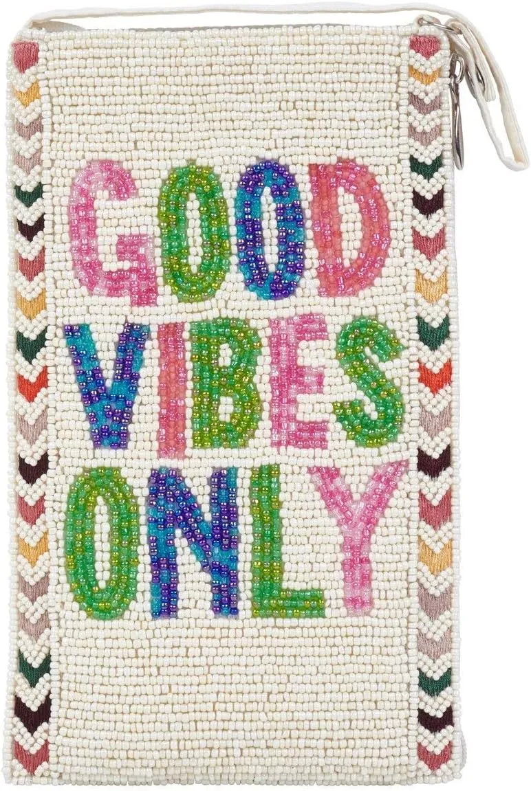 Bamboo Trading Company Good Vibes Only Cell Phone or Club Bag with a separate, secure side zip pocket for cash and credit cards, 7-inch Height, Multicolor