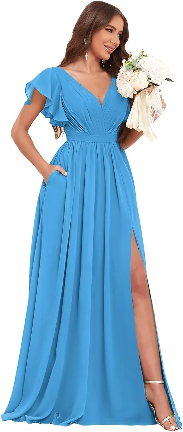 BANTRATIC Women's Bridesmaid Dress with Pockets Sleeve Slit Deep V-Neck Empire Long Chiffon Wedding Guest Formal Gown