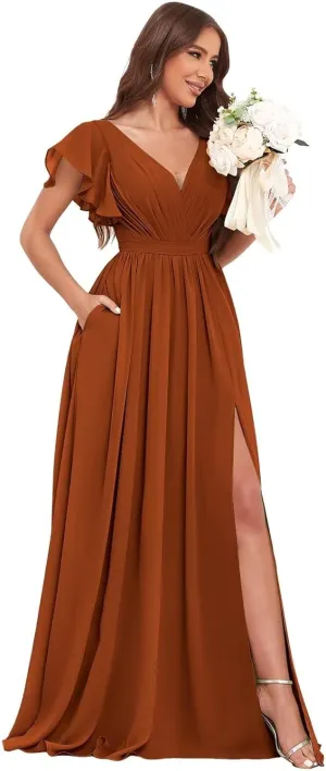BANTRATIC Women's Bridesmaid Dress with Pockets Sleeve Slit Deep V-Neck Empire Long Chiffon Wedding Guest Formal Gown