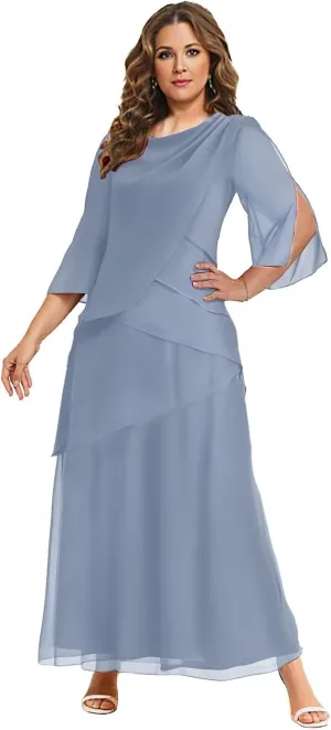 BANTRATIC Women's Mother of The Bride Dresses for Wedding Ankle Length Chiffon Crew Neck Tiered Formal Prom Cocktail Gown