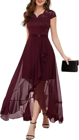 Bbonlinedress Women's V-Neck Dress for Women Wedding Guest Hi-Lo Floral Lace Prom Cocktail Party Formal Bridesmaid Dress