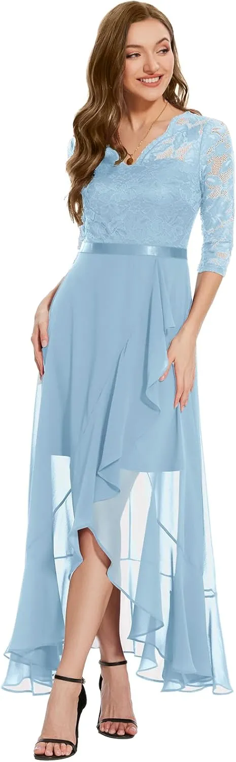 Bbonlinedress Women's V-Neck Dress for Women Wedding Guest Hi-Lo Floral Lace Prom Cocktail Party Formal Bridesmaid Dress