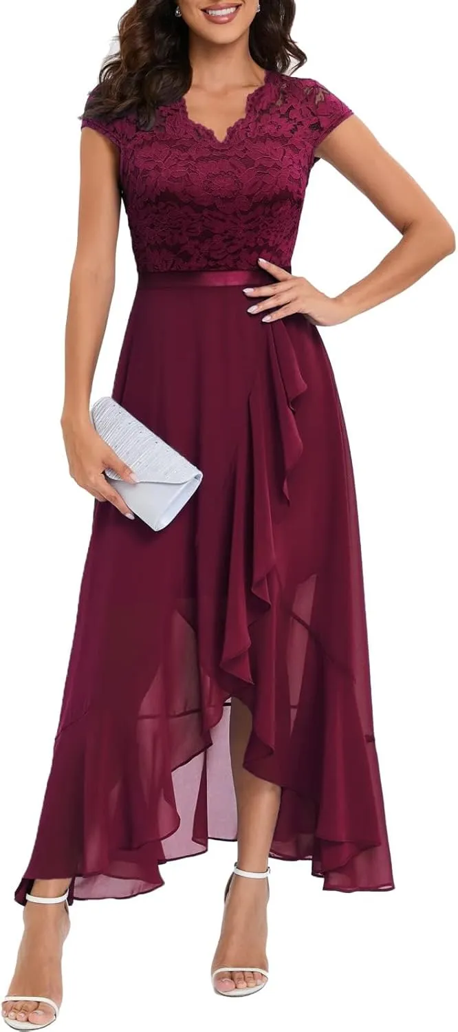 Bbonlinedress Women's V-Neck Dress for Women Wedding Guest Hi-Lo Floral Lace Prom Cocktail Party Formal Bridesmaid Dress