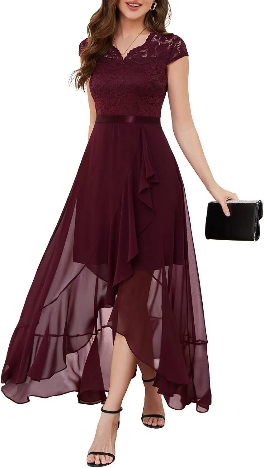 Bbonlinedress Women's V-Neck Dress for Women Wedding Guest Hi-Lo Floral Lace Prom Cocktail Party Formal Bridesmaid Dress