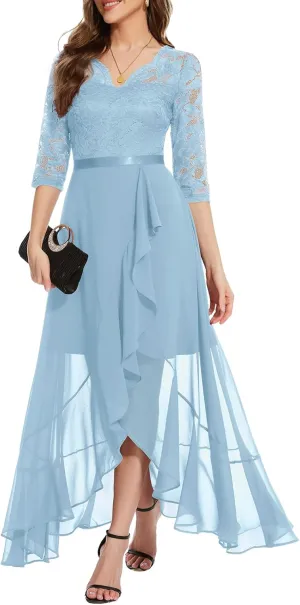 Bbonlinedress Women's V-Neck Dress for Women Wedding Guest Hi-Lo Floral Lace Prom Cocktail Party Formal Bridesmaid Dress
