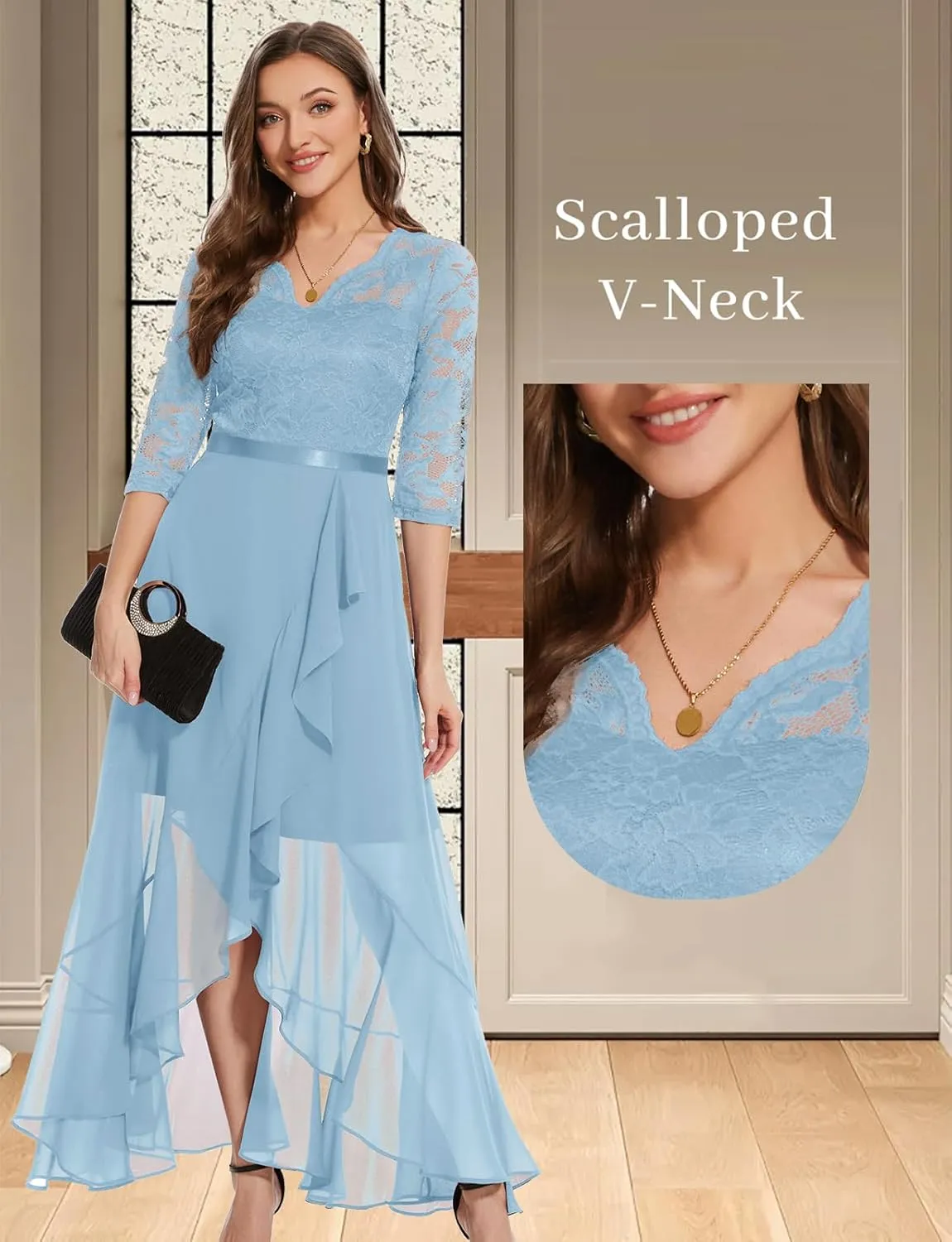 Bbonlinedress Women's V-Neck Dress for Women Wedding Guest Hi-Lo Floral Lace Prom Cocktail Party Formal Bridesmaid Dress