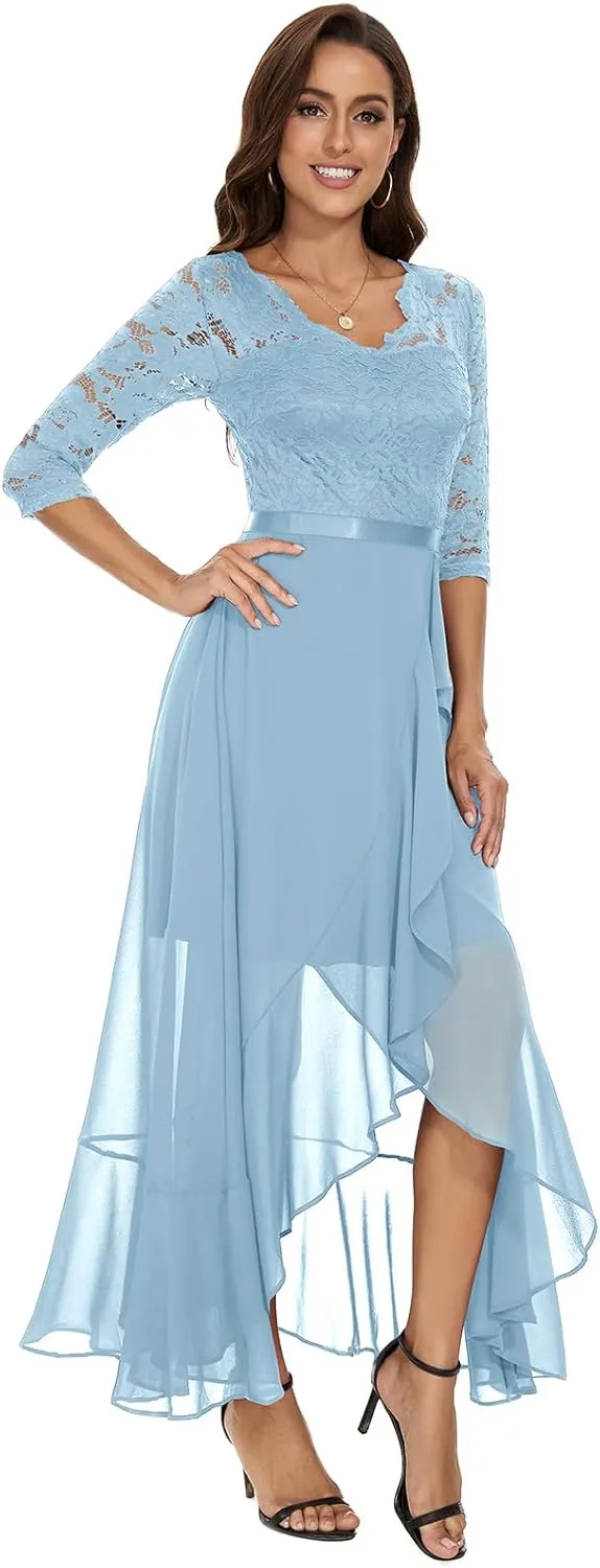 Bbonlinedress Women's V-Neck Dress for Women Wedding Guest Hi-Lo Floral Lace Prom Cocktail Party Formal Bridesmaid Dress