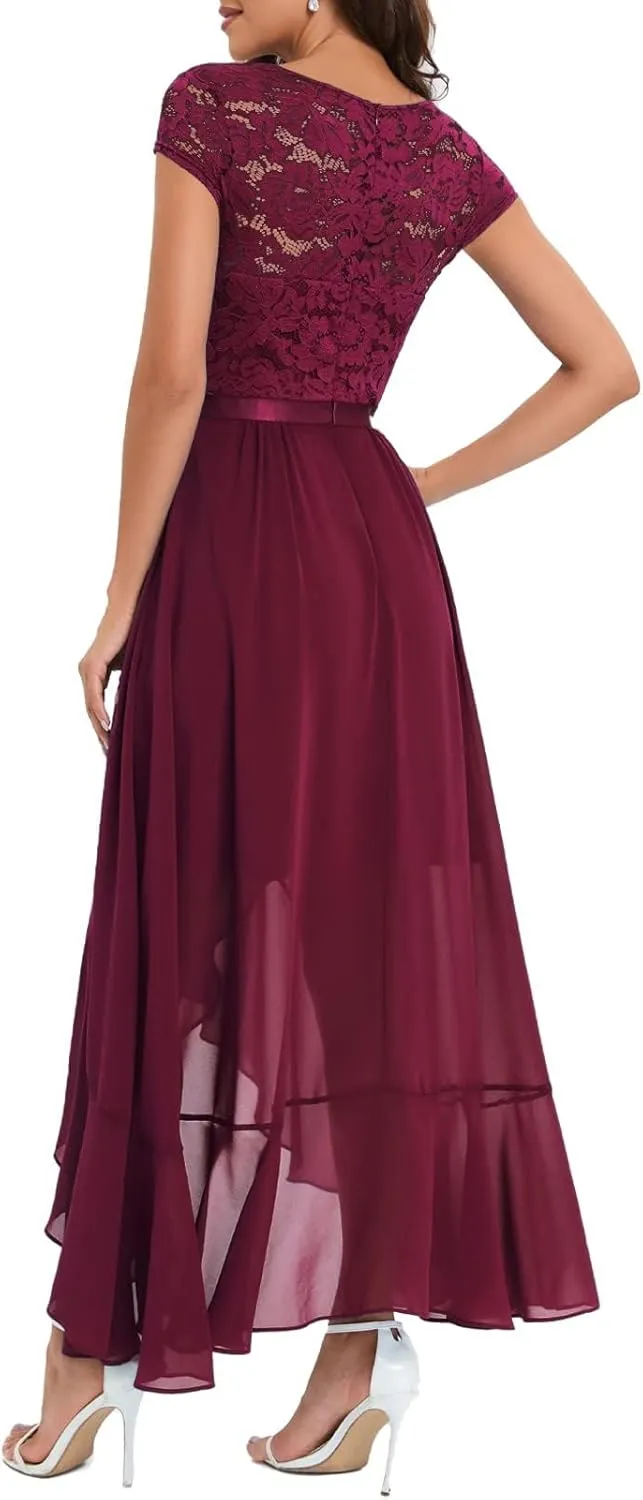 Bbonlinedress Women's V-Neck Dress for Women Wedding Guest Hi-Lo Floral Lace Prom Cocktail Party Formal Bridesmaid Dress