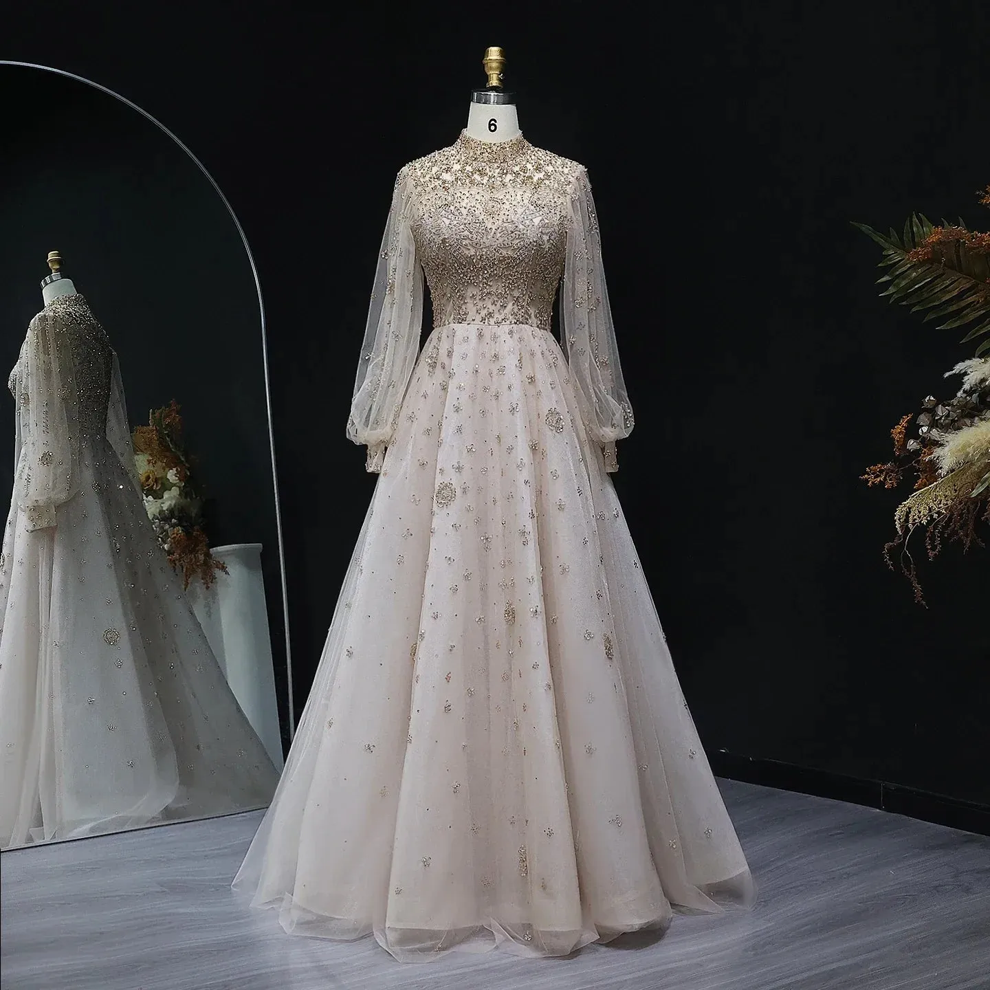 Beaded Champagne Long Sleeves Formal Gowns