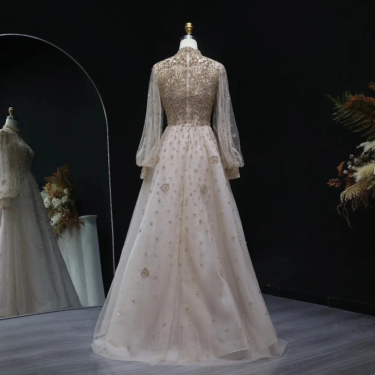 Beaded Champagne Long Sleeves Formal Gowns