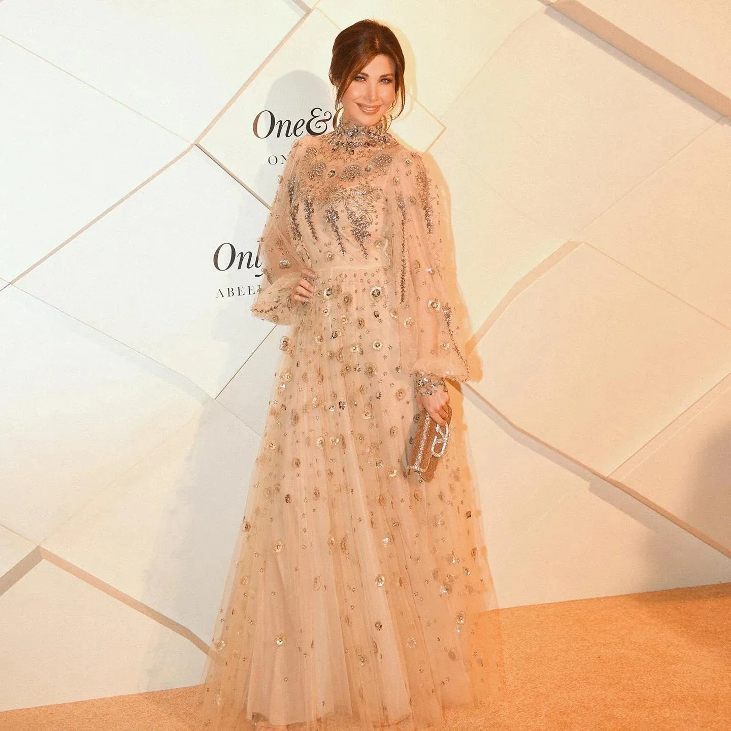 Beaded Champagne Long Sleeves Formal Gowns