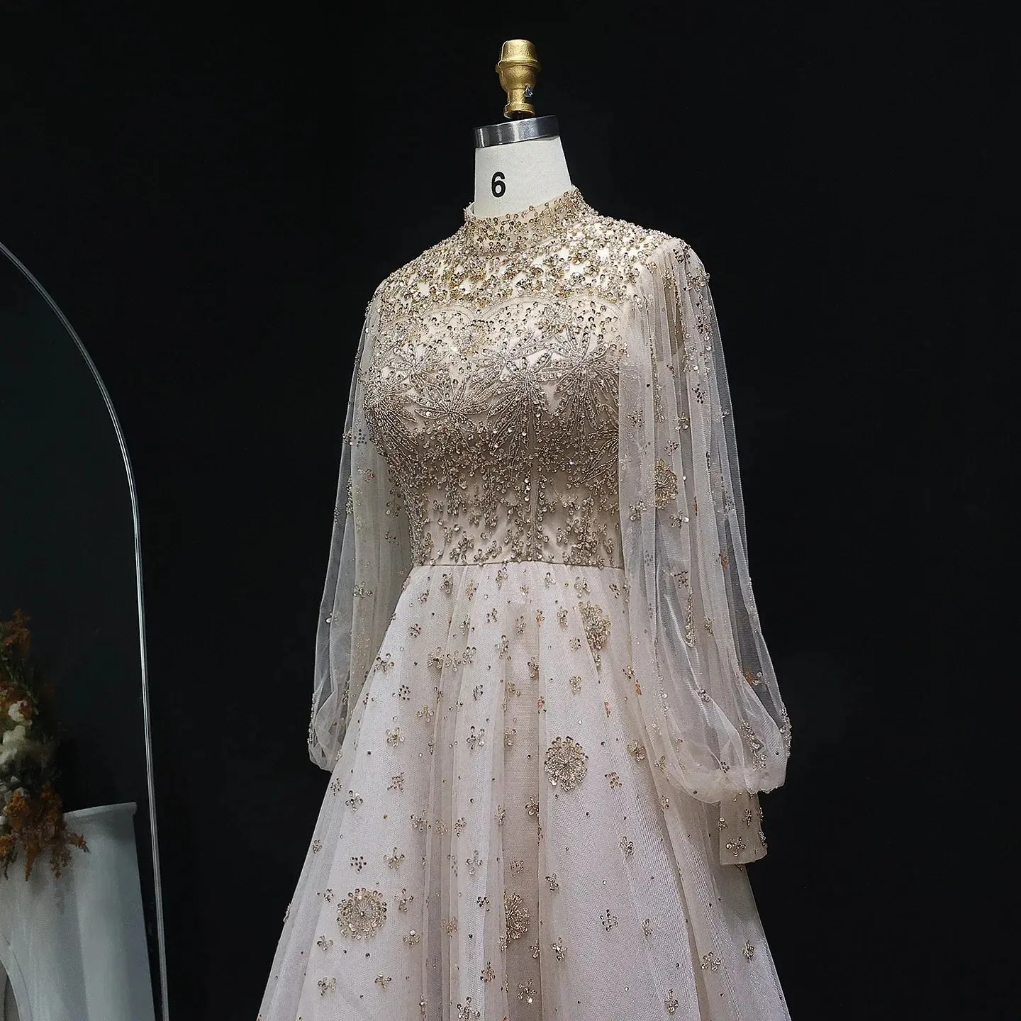 Beaded Champagne Long Sleeves Formal Gowns