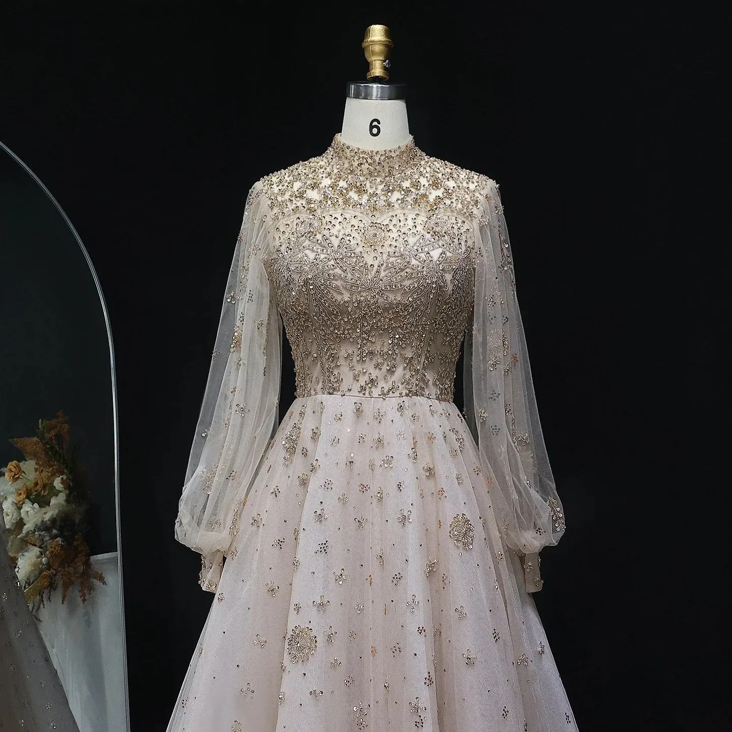 Beaded Champagne Long Sleeves Formal Gowns