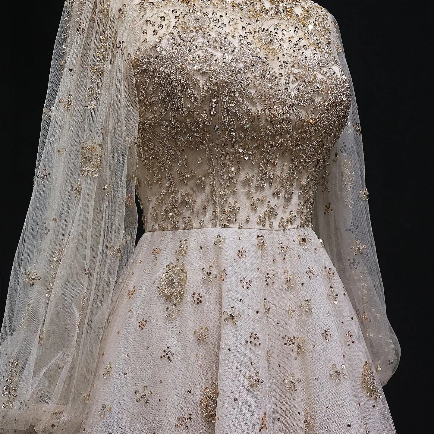 Beaded Champagne Long Sleeves Formal Gowns