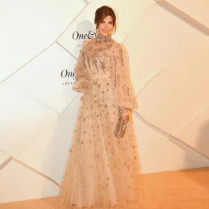 Beaded Champagne Long Sleeves Formal Gowns
