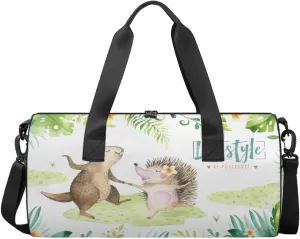 Beaver Hedgehog Dancing Sports Gym Bag Flowers Leaves Shoulder Travel Bag for Men Women Swim Sports Camping Weekend Overnight Tote Bag Lightweight Easy