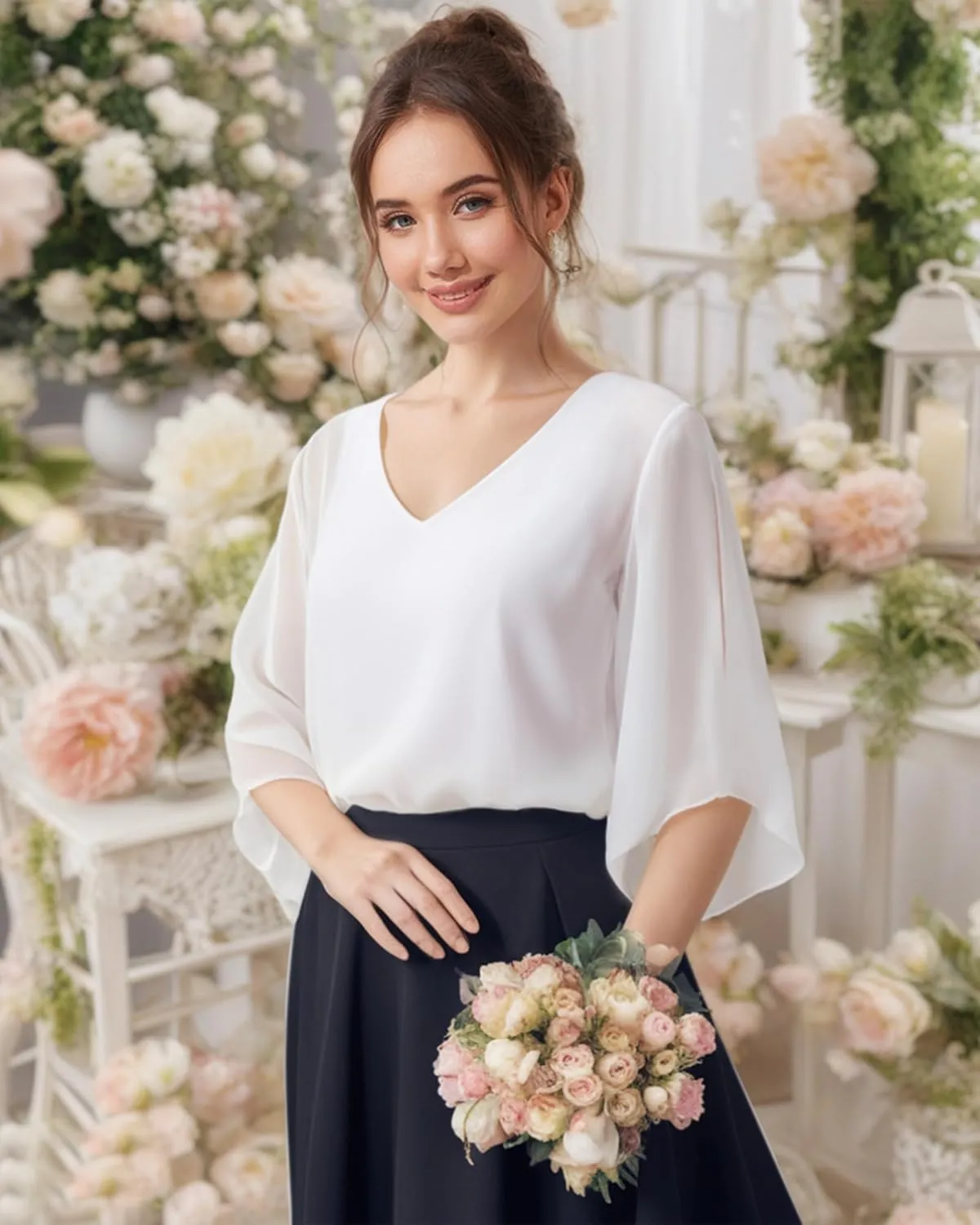 Bebonnie Womens Ruffle 3/4 Sleeve V Neck Double Layers Chiffon Blouses Dressy Tops