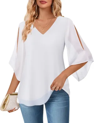 Bebonnie Womens Ruffle 3/4 Sleeve V Neck Double Layers Chiffon Blouses Dressy Tops