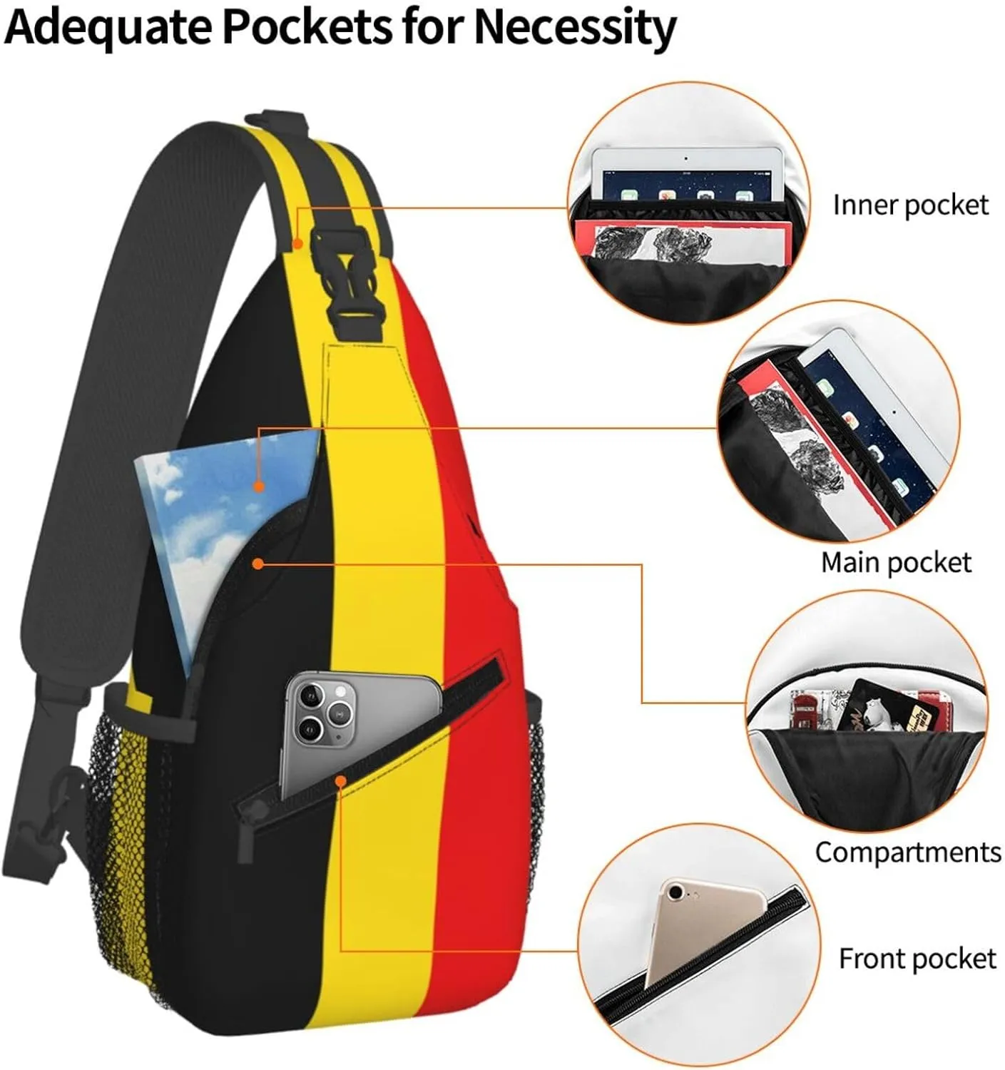 Belgian Flag Sling Bag for Men Women Adjustable Shoulder Sling Backpack Lightweight Chest Crossbody Bags for Travel Hiking Daypack Fanny Pack
