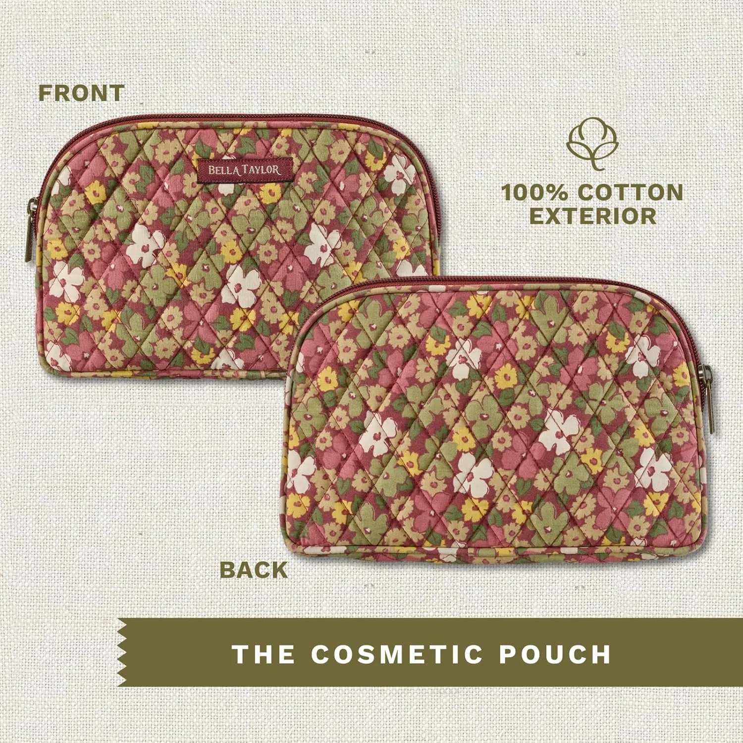 Bella Taylor Large Makeup Pouch for Women | Quilted Cotton Cosmetic Bag for Travel and Organization | Autumn Garden