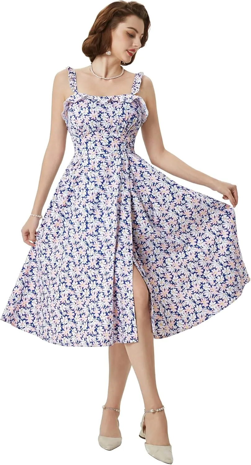 Belle Poque Women's 2025 Summer Sundresses Square Neck A Line Midi Boho Beach Floral Dress