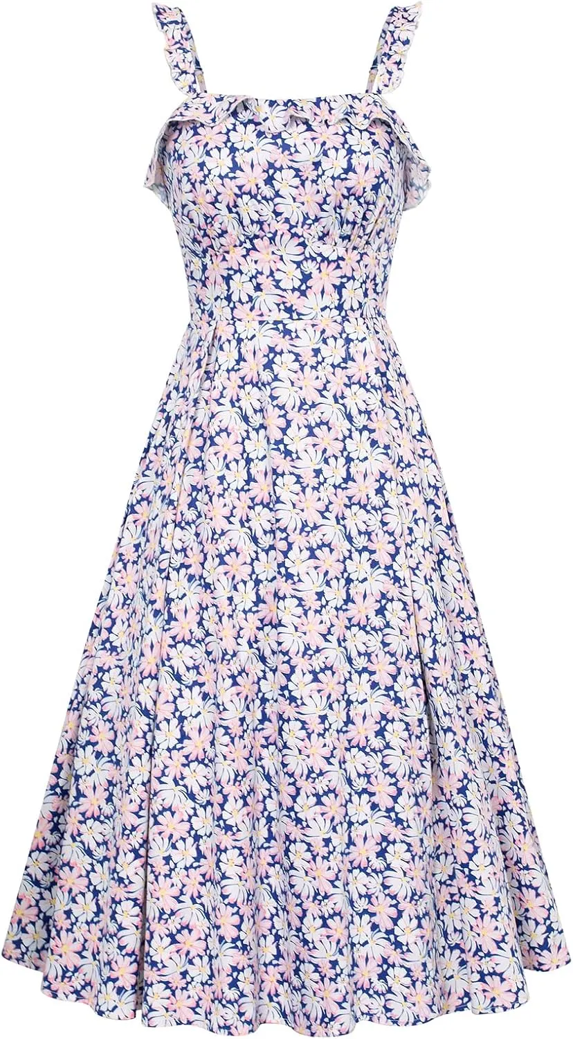 Belle Poque Women's 2025 Summer Sundresses Square Neck A Line Midi Boho Beach Floral Dress
