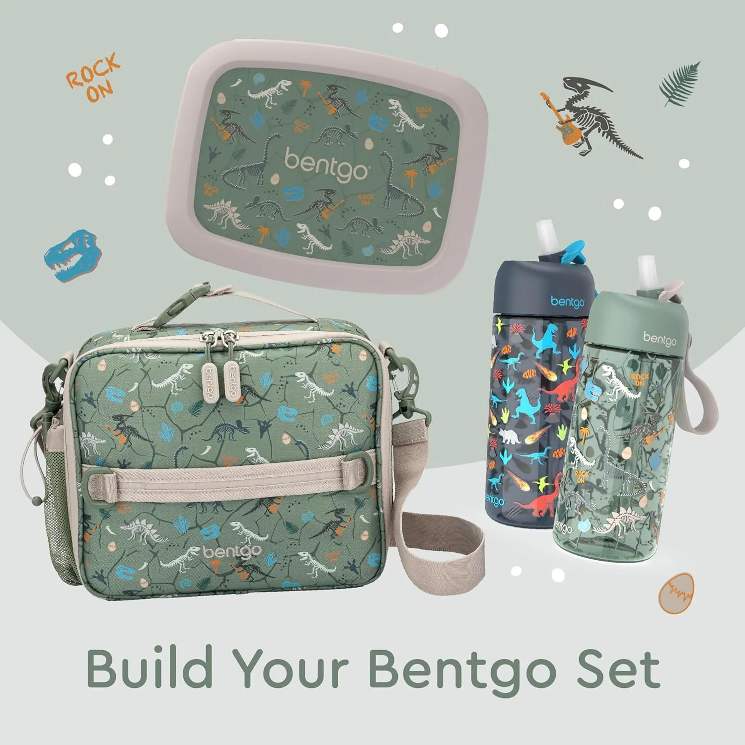 Bentgo Kids Lunch Bag - Durable, Double-Insulated Lunch Bag for Kids 3 ; Holds Lunch Box, Water Bottle, & Snacks; Easy-Clean Water-Resistant Fabric & Multiple Zippered Pockets (Dino Fossils)