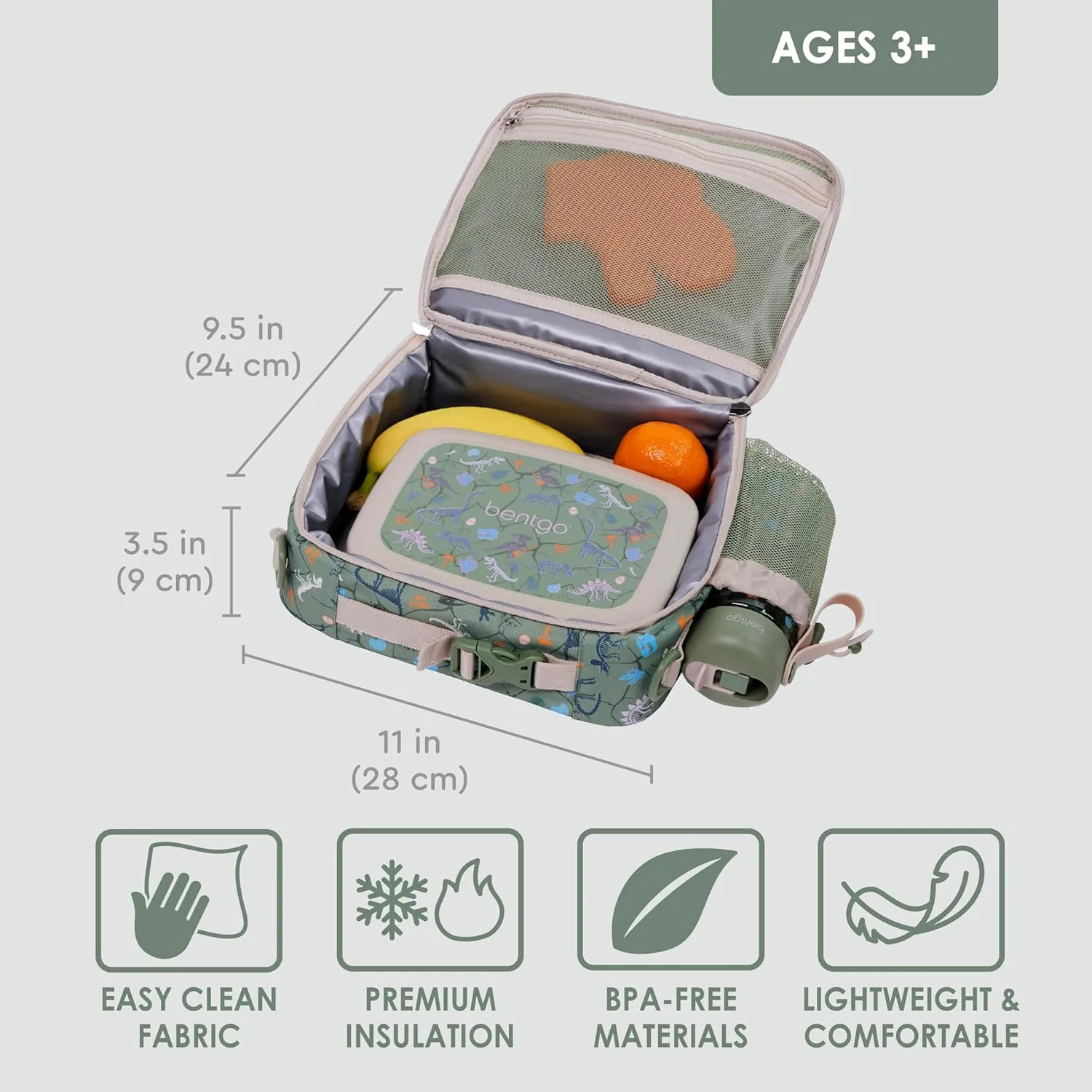 Bentgo Kids Lunch Bag - Durable, Double-Insulated Lunch Bag for Kids 3 ; Holds Lunch Box, Water Bottle, & Snacks; Easy-Clean Water-Resistant Fabric & Multiple Zippered Pockets (Dino Fossils)