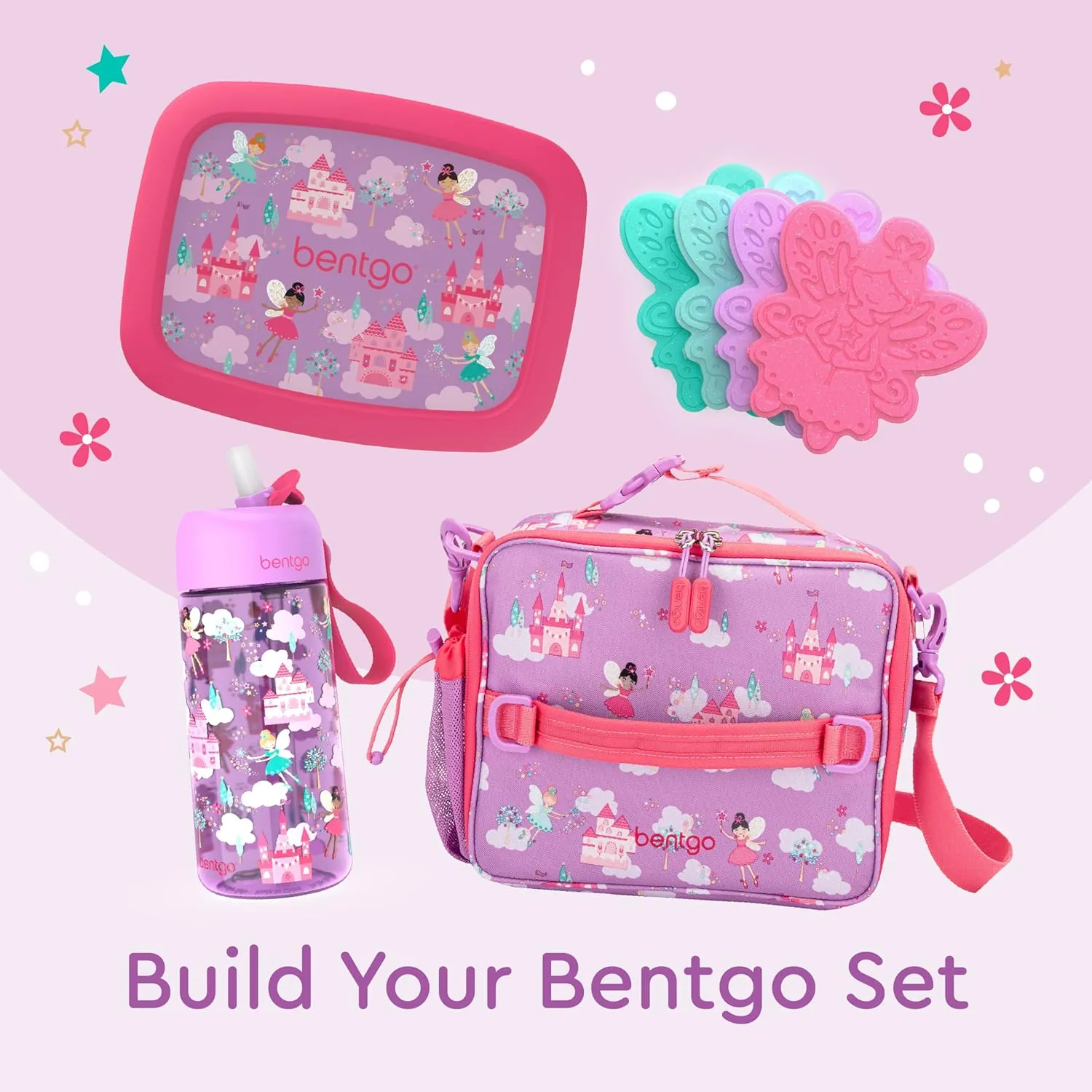 Bentgo Kids Lunch Bag - Durable, Double-Insulated Lunch Bag for Kids 3 ; Holds Lunch Box, Water Bottle, & Snacks; Easy-Clean Water-Resistant Fabric & Multiple Zippered Pockets (Fairies)