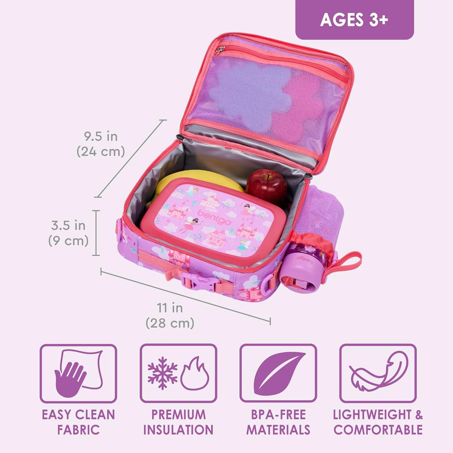 Bentgo Kids Lunch Bag - Durable, Double-Insulated Lunch Bag for Kids 3 ; Holds Lunch Box, Water Bottle, & Snacks; Easy-Clean Water-Resistant Fabric & Multiple Zippered Pockets (Fairies)