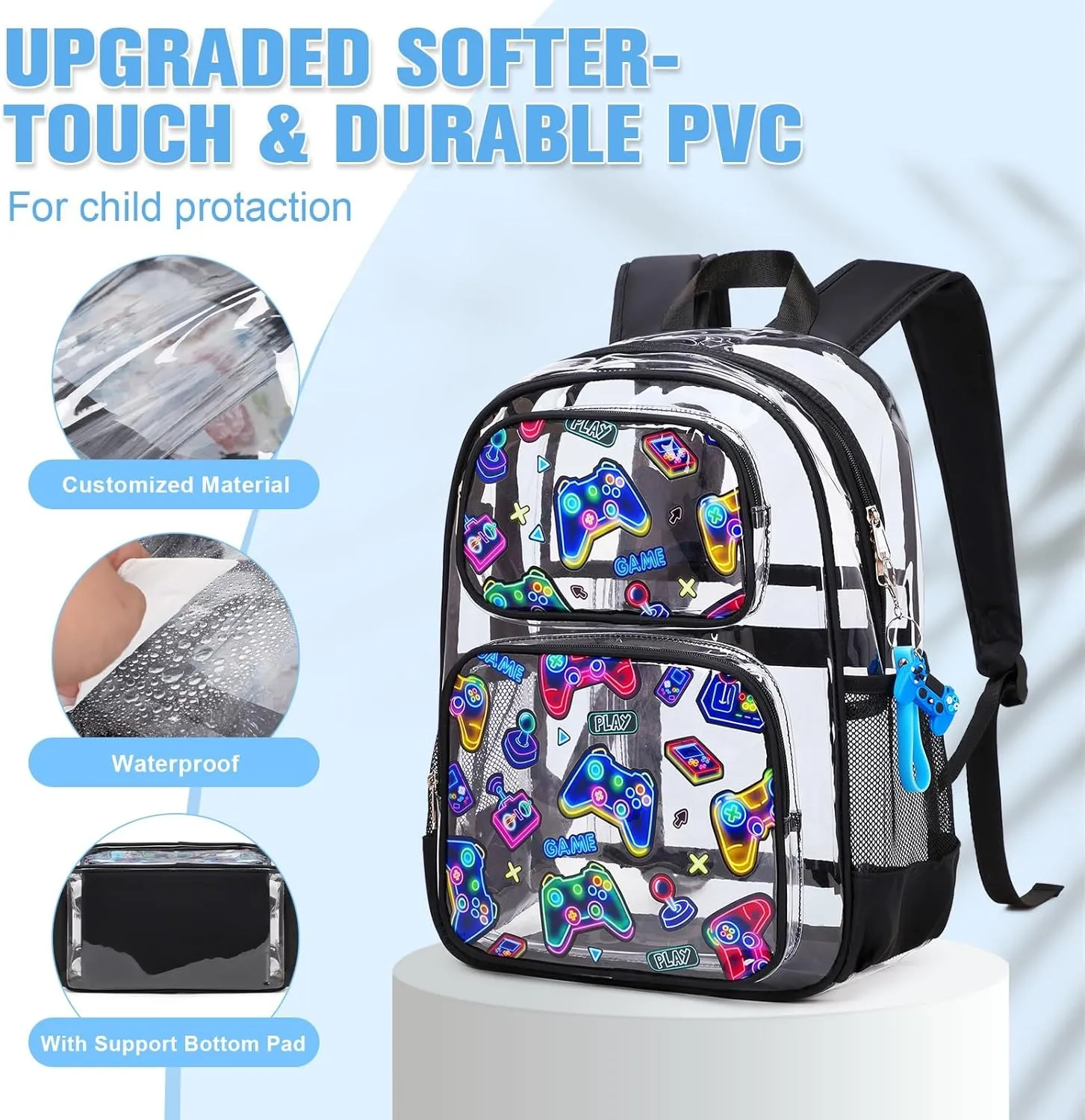 Bevalsa Clear Gaming Backpack for Boys Girls Kids, Transparent Backpack with Lunch Bag & Pen Case for Toddler Kindergarten Elementary School, Heavy Duty See Through Bookbag Stadium Approved (Neon)