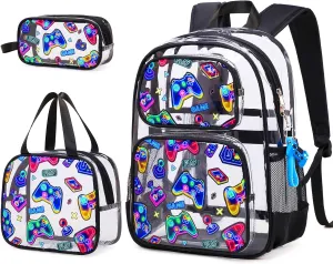 Bevalsa Clear Gaming Backpack for Boys Girls Kids, Transparent Backpack with Lunch Bag & Pen Case for Toddler Kindergarten Elementary School, Heavy Duty See Through Bookbag Stadium Approved (Neon)