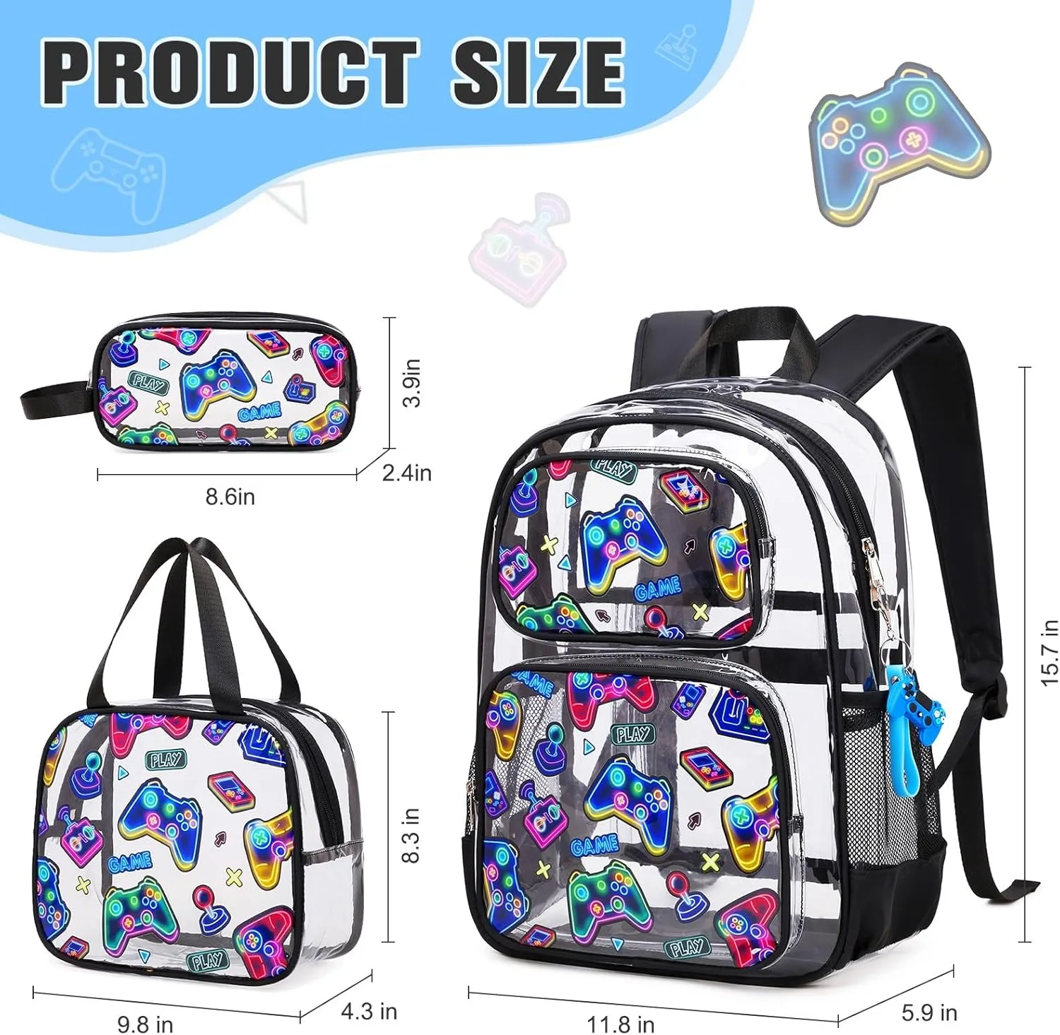 Bevalsa Clear Gaming Backpack for Boys Girls Kids, Transparent Backpack with Lunch Bag & Pen Case for Toddler Kindergarten Elementary School, Heavy Duty See Through Bookbag Stadium Approved (Neon)