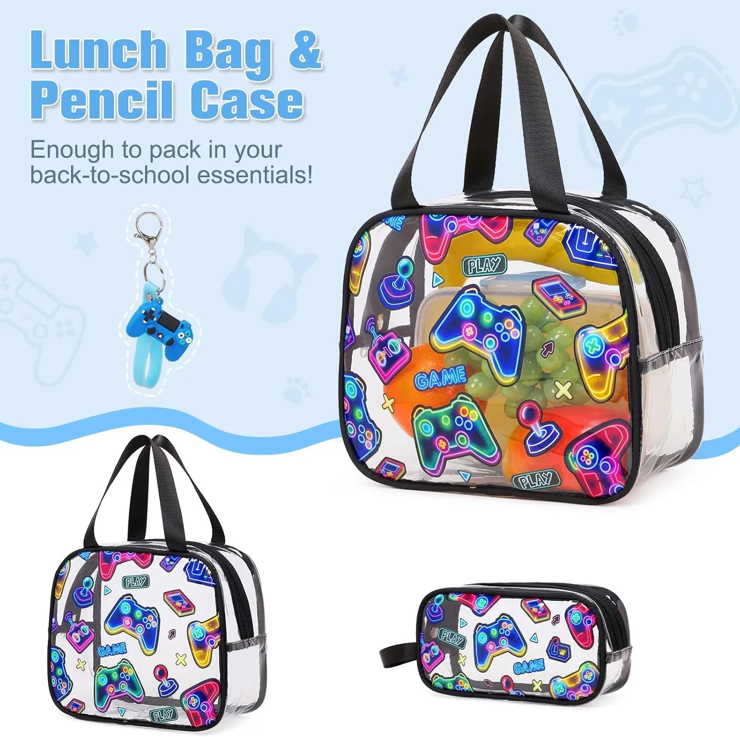 Bevalsa Clear Gaming Backpack for Boys Girls Kids, Transparent Backpack with Lunch Bag & Pen Case for Toddler Kindergarten Elementary School, Heavy Duty See Through Bookbag Stadium Approved (Neon)