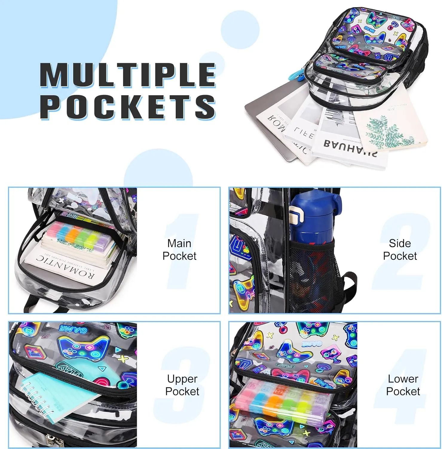 Bevalsa Clear Gaming Backpack for Boys Girls Kids, Transparent Backpack with Lunch Bag & Pen Case for Toddler Kindergarten Elementary School, Heavy Duty See Through Bookbag Stadium Approved (Neon)