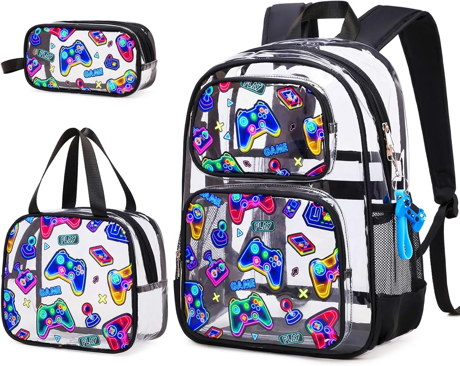Bevalsa Clear Gaming Backpack for Boys Girls Kids, Transparent Backpack with Lunch Bag & Pen Case for Toddler Kindergarten Elementary School, Heavy Duty See Through Bookbag Stadium Approved (Neon)