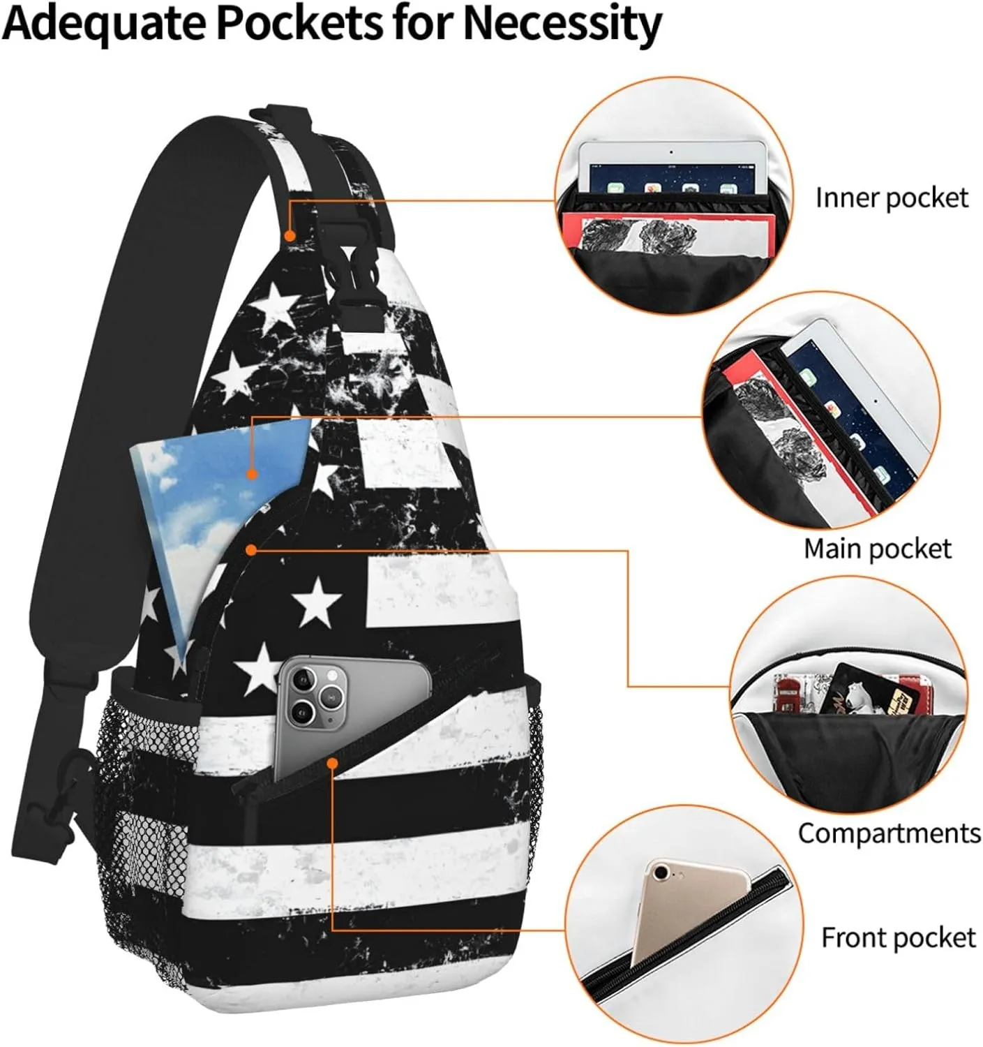 Black And White Flag Print Cross Chest Bag Diagonally For Short-Distance Travel And Daily Use