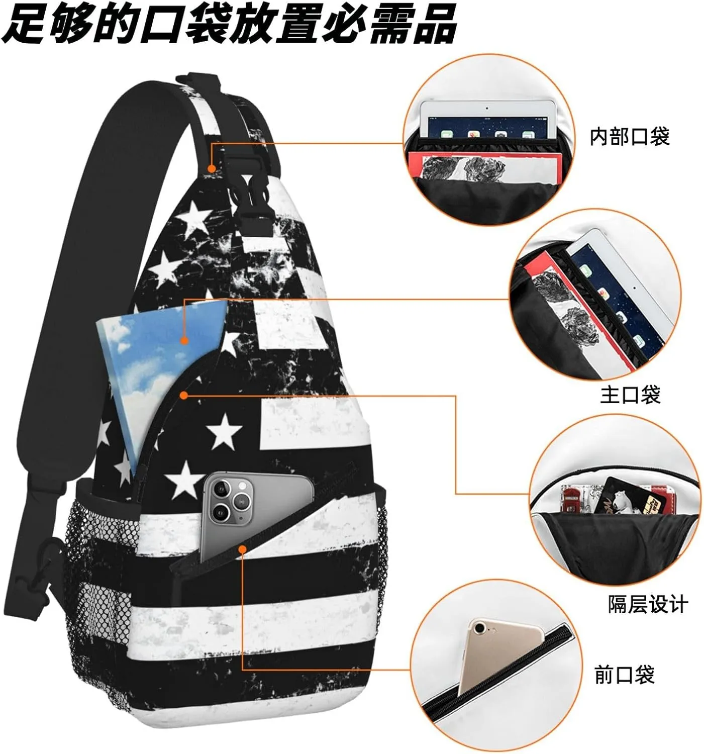 Black And White Flag Print Cross Chest Bag Diagonally For Short-Distance Travel And Daily Use