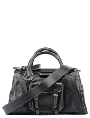 Black Leather Edith 2-Way Tote Bag