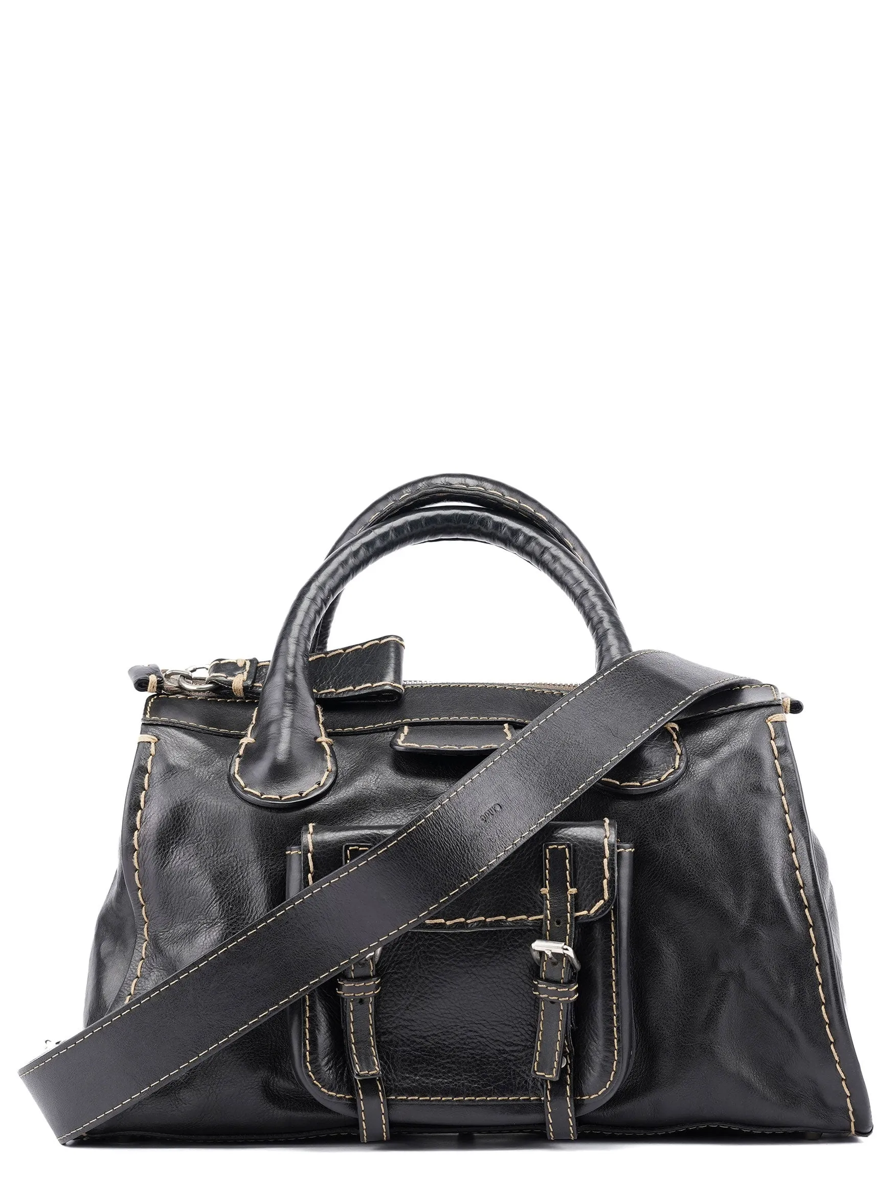 Black Leather Edith 2-Way Tote Bag
